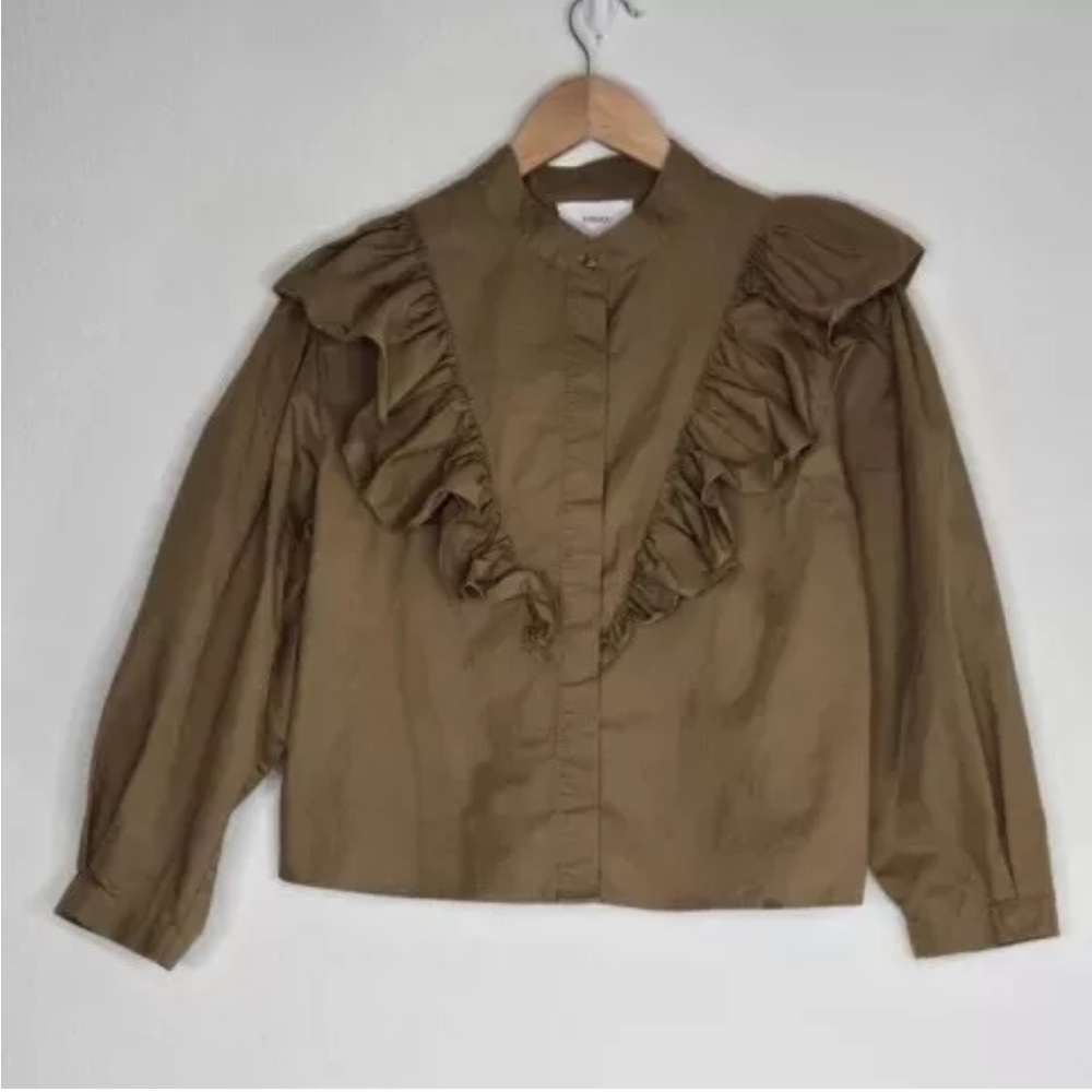 XIRENA Callie Ruffle Trim Long Sleeve Hi Neck Top in Khaki Gold Size S Womens